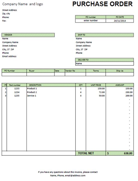 free purchase order template excel
