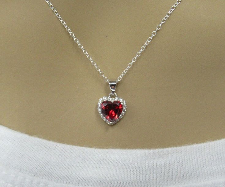 Red Garnet CZ Heart Pendant 925 Sterling Silver January Birthstone Necklace Red Garnet CZ Heart Pendant 925 Sterling Silver January Birthstone Necklace