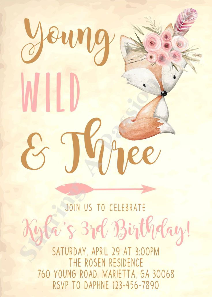young wild and three invitations girl girl fox birthday 3rd birthday party invitations