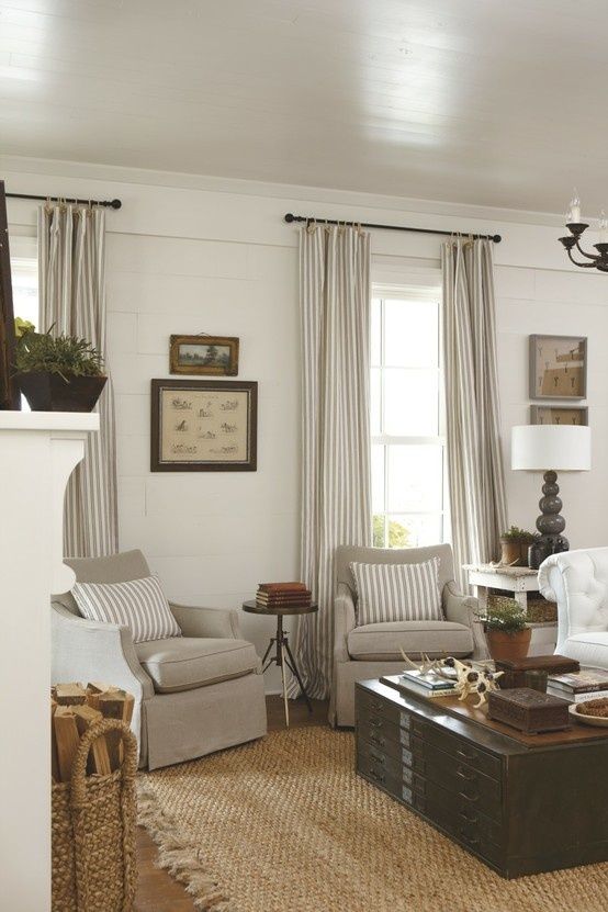 farmhouse family room with classic ticking woven rug dark contrasts against white for southern living idea house by tracery interiors - Curtain Design Ideas For Living Room farmhouse family room with classic ticking woven rug dark contrasts against white for southern living idea house by tracery interiors - Curtain Design Ideas For Living Room
