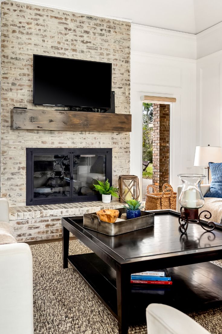 Limewashed brick fireplace | Brick fireplace, Home, Home decor
