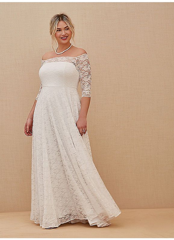 TORRID : White Lace Off Shoulder A-Line Wedding Dress | A-line wedding