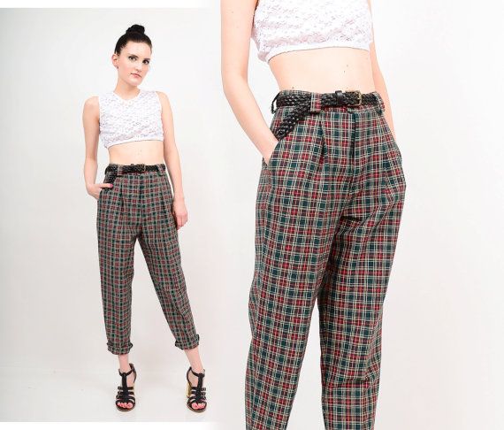 80s 90s Tartan Plaid Trousers Pleated 