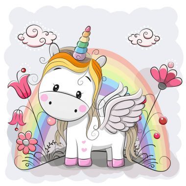 Lindo Unicornio de dibujos animados en el prado — Archivo Imágenes