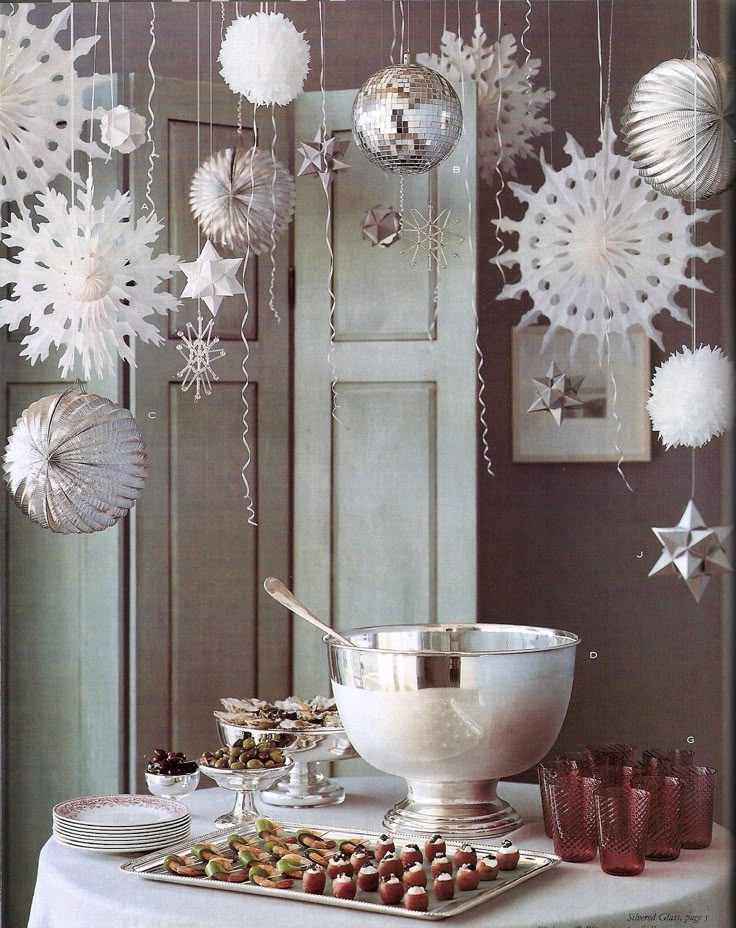 shabby chic white christmas buffet with ornate paper snowflakes and silver stars christmas dining room decorating ideas decor for a holiday dinner party - Christmas Party Decorations Pinterest shabby chic white christmas buffet with ornate paper snowflakes and silver stars christmas dining room decorating ideas decor for a holiday dinner party - Christmas Party Decorations Pinterest