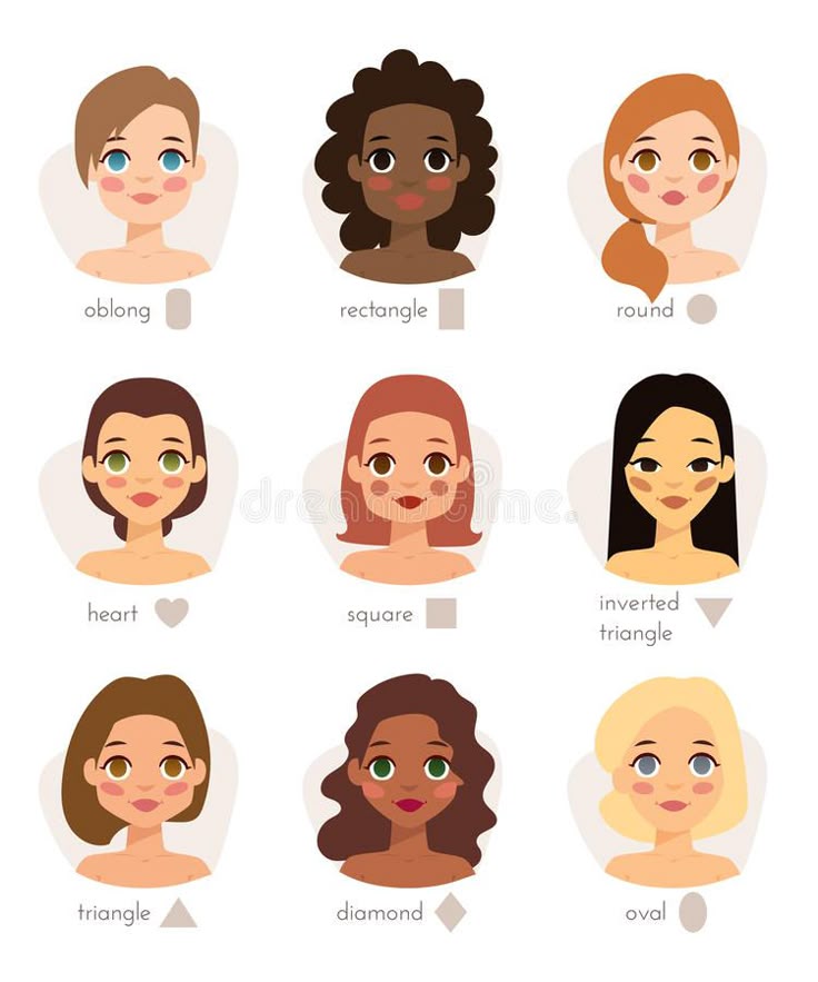 Set of different woman's face types shapes female head vector character illu...