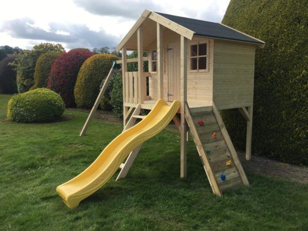 Toby Kids Playhouse With Double Swing Slide And Climbing Wall Right Play Houses Toby Kids Playhouse With Double Swing, Childrens Outdoor Wooden Playhouse With Slide
