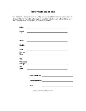 Use this printable bill of sale when transferring ownership of a motorcycle or scooter. Free to download and print