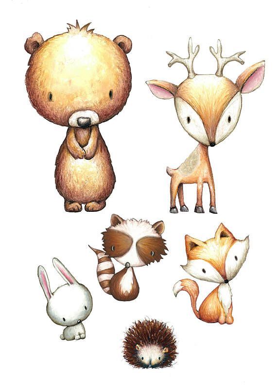 Nursery Woodland Animals Print Watercolor, set of 4, fox, rabbit, deer, raccoon, flowers, feathers,chevron, hand painted, woodland prints