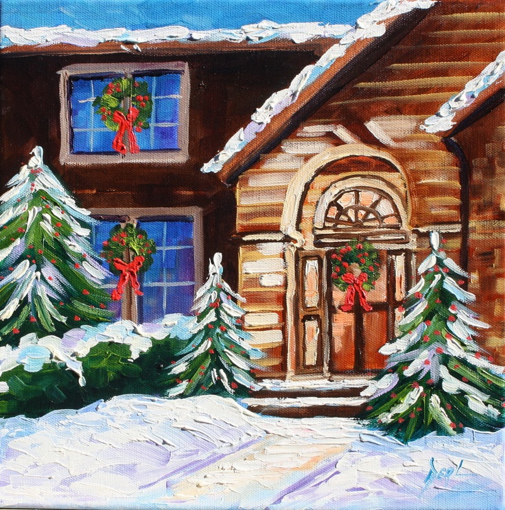 Oil Painting Canvas Christmas House Snow Lights by rbealart | Christmas