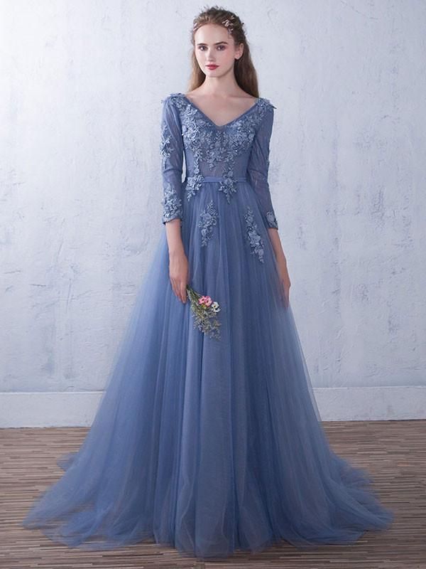 Blue V Neck Lace Tulle Evening Gown XLD1003 | Prom dresses lace, Formal prom dresses long, Prom dresses with sleeves