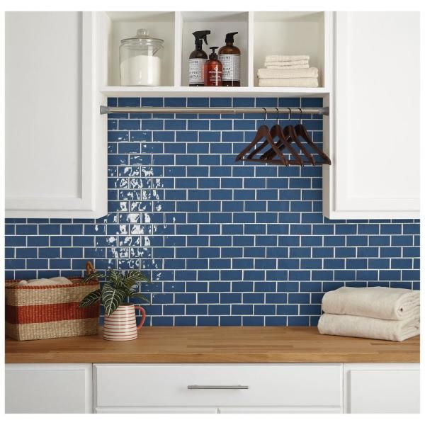 Marazzi Luxecraft 12 In X 12 In X 6 35 Mm Blue Ceramic Brick Joint Mosaic Tile 0 83 Sq Ft Each Lc1824bwhd1p2 The Home Depot Blue Tile Backsplash Kitchen Blue Kitchen Tiles Kitchen Tiles Design