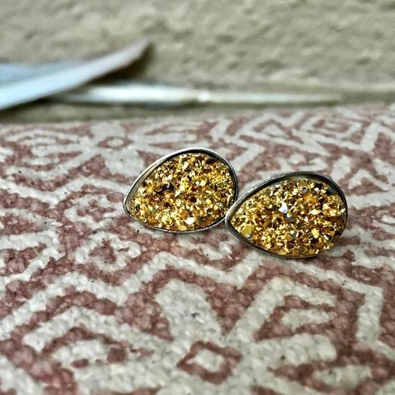 8mm Stud Earrings Gold Druzy Resin Post Earrings