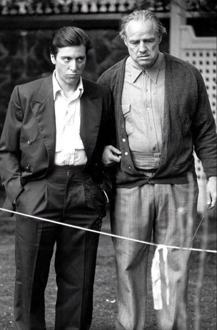 Al Pacino and Marlon Brando on the set of `The GodFather‘, 1972