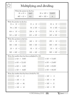 multiplying and dividing by 10 and 100 math worksheets 4th grade