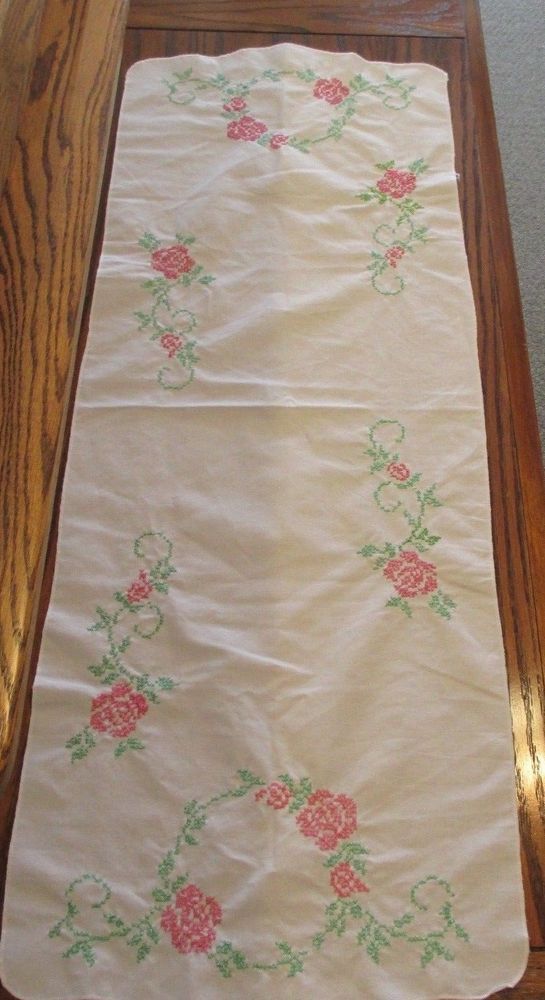Vintage Table Runner Dresser Scarf Hand Embroidered Pink Green Vintage Table Runner Dresser Scarf Hand Embroidered Pink Green Fl 39 X 14 Shabby Shabbychic