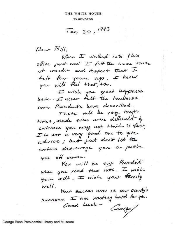 Letter to Bill Clinton from George H W Bush upon taking office - good faith payment letter Letter to Bill Clinton from George H W Bush upon taking office - good faith payment letter