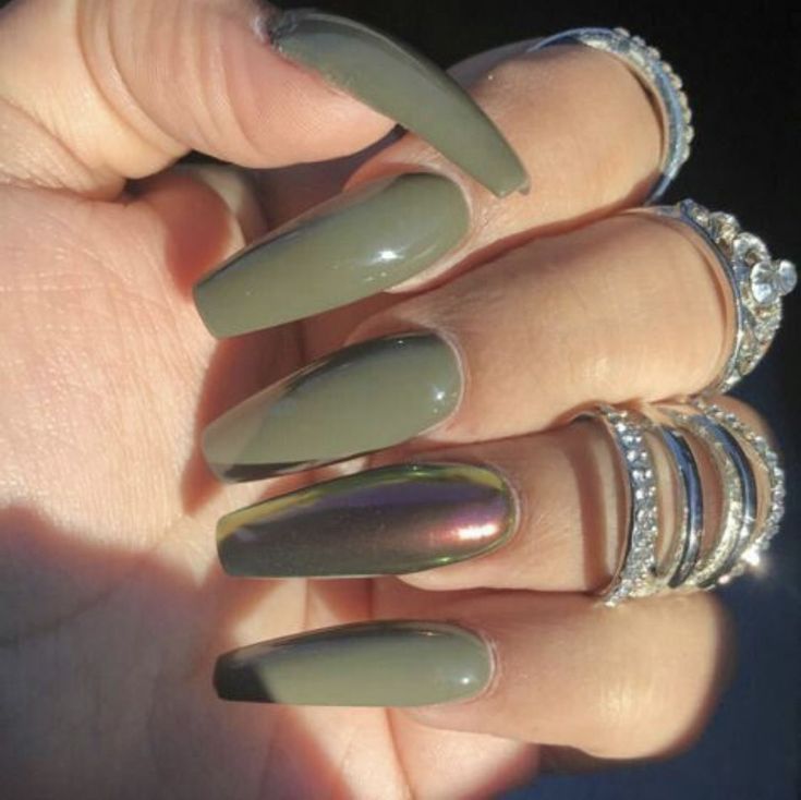 Army Green Coffin Nail With Metallic Long For Fall Nail Ideas Army Green Coffin Nail With Metallic Long For Fall Nail Ideas