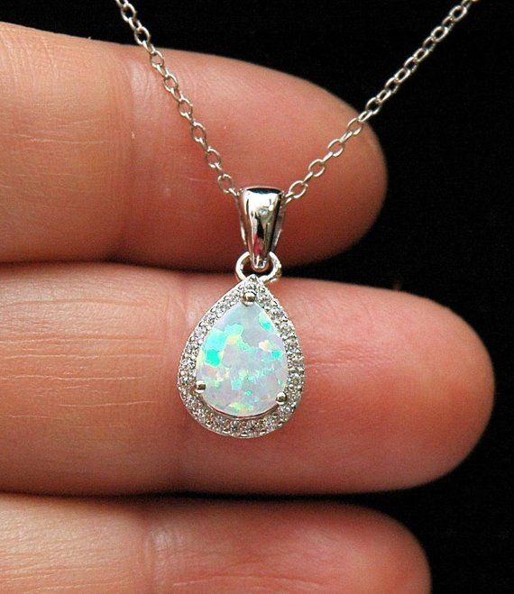 Teardrop Pear Shape Created Opal with CZ 925 Sterling Silver Small Pendant