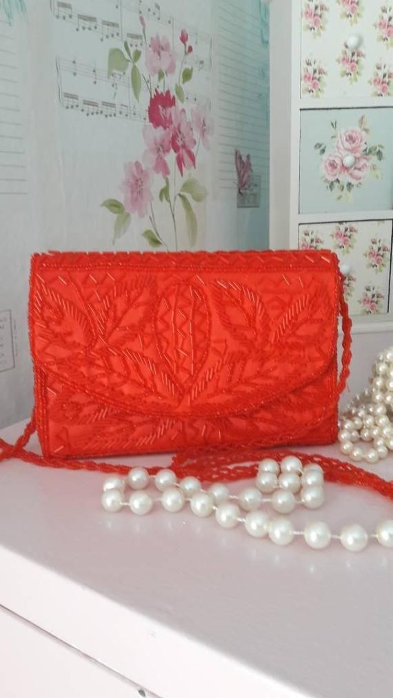 Bijoux Terner Red Beaded Evening Bag Gift For Her Prom Wedding Bijoux Terner Red Beaded Evening Bag Gift For Her Prom Wedding Purse Vintage Long Handle Shoulder Handbag Free Uk Shipping