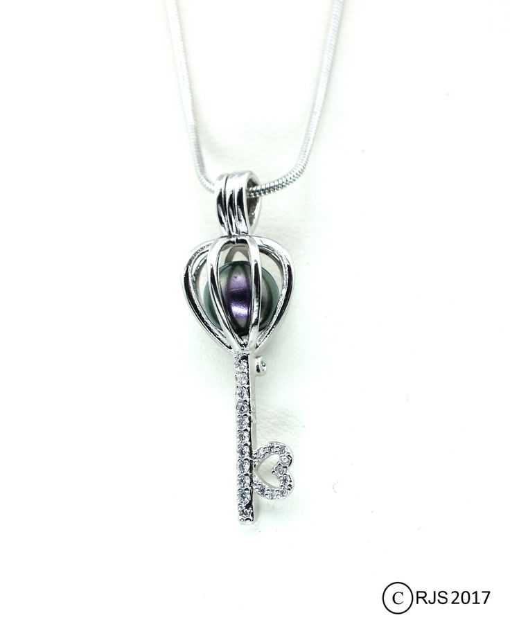 925 Sterling Silver Winged Heart Key Pearl Cage Pendant & Necklace 925 Sterling Silver Winged Heart Key Pearl Cage Pendant & Necklace