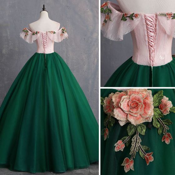 Vintage / Retro Dunkelgrüne Ballkleider 2019 Ballkleid-Applikationen Spitze Schulterfrei Kurz...