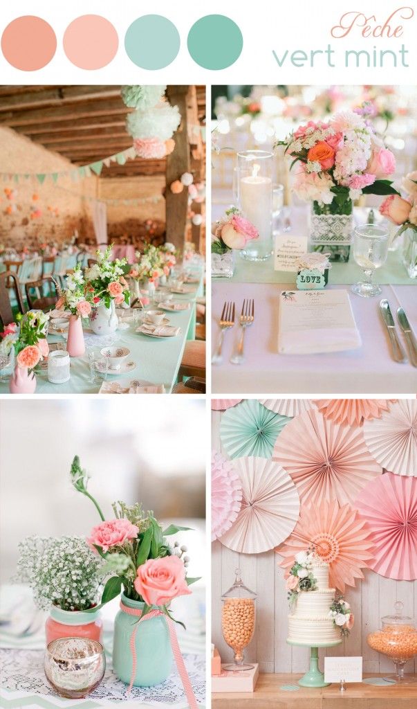 Décoration de mariage couleurs Pêche et Vert mint