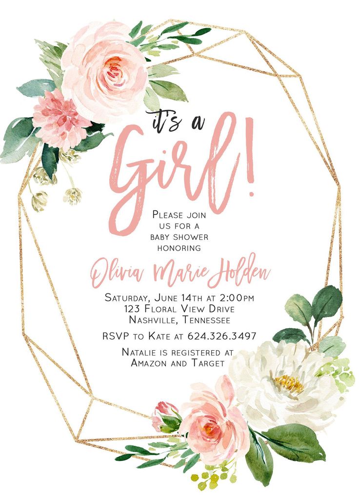 Baby Shower Invitation It's a Girl Pink Baby Girl Shower Blush Gold Geometric Frame Flowers Digital Instant Download Editable Template
