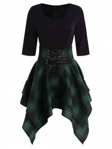Lace Up Tartan Asymmetrical Dress