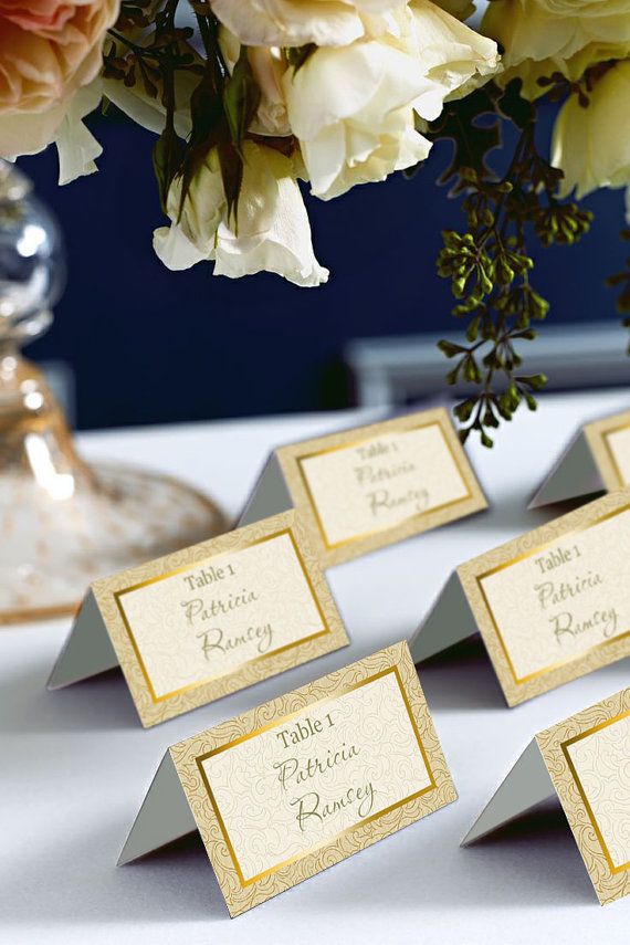 Gold Wedding Place Cards. This listing is for the DIGITAL, printable hi-res files, no physical items will be shipped. Instantly download from Etsy as soon as purchased. HOW IT WORKS: Buy, Download and Save template to your computer. Change your wording, fonts & font color (images or image color cannot be changed on your end). Print on card stock and cut to size on the guide lines. Done! ♥------------------------------------------------------------------------------ FORMAT: Microsoft Wor...