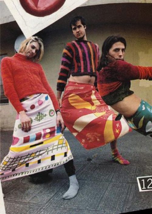 1990s, Nirvana wearing Gene Meyer scarves as skirts 1990s, Nirvana wearing Gene Meyer scarves as skirts