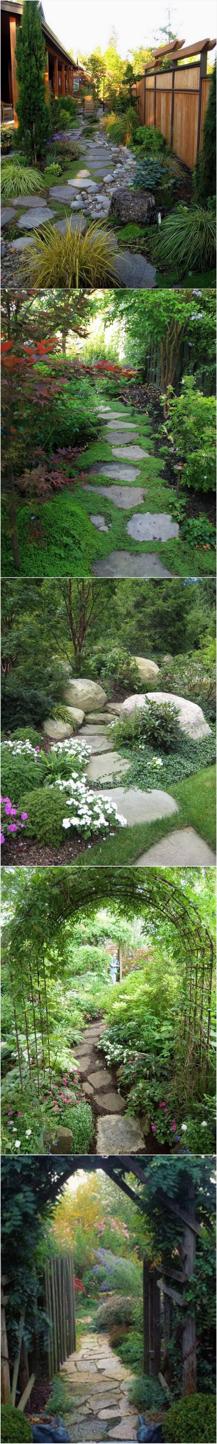 several different types of stone walkways in the grass