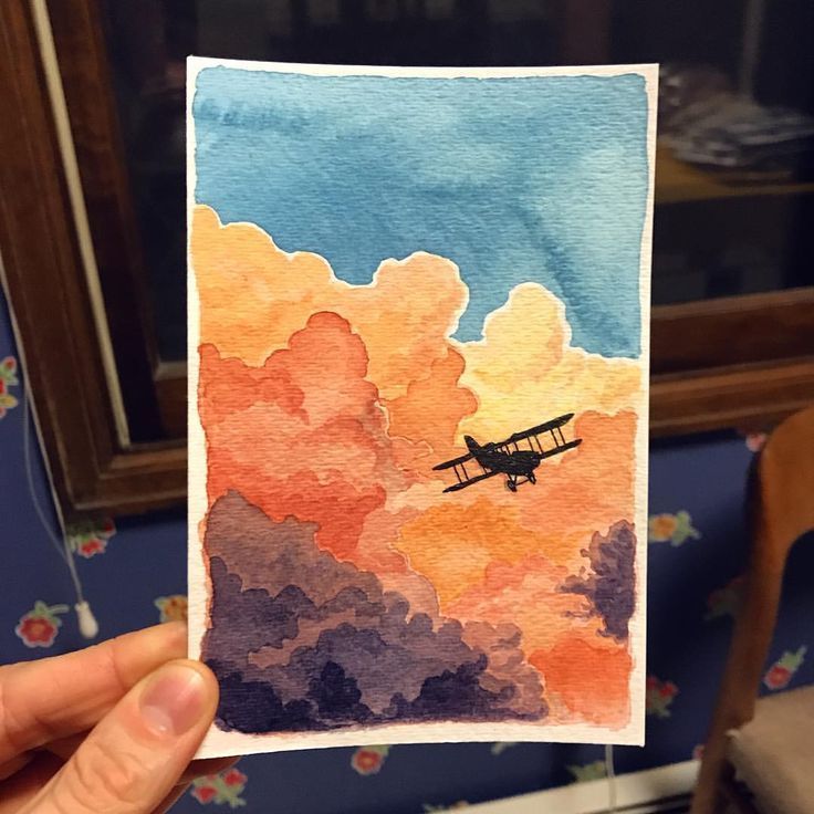 Fly Away Little Plane Watercolor Cloudscape B
