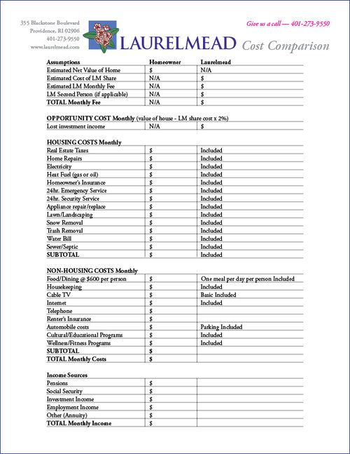 Download Laurelmead Cost Comparison Worksheet Health Pinterest