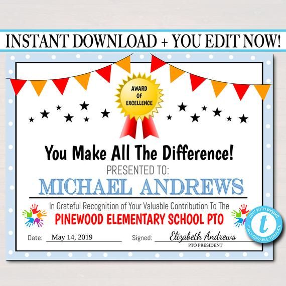 EDITABLE PTO PTA Certificate Printable Handout School Etsy EDITABLE PTO PTA Certificate Printable Handout School Etsy