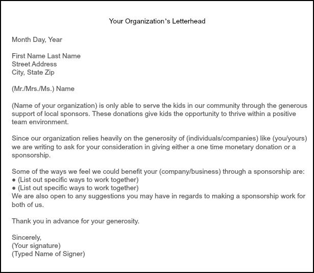 Find some great tips for how to get team sponsorships. There's also a sample letter for sending to potential sponsors.