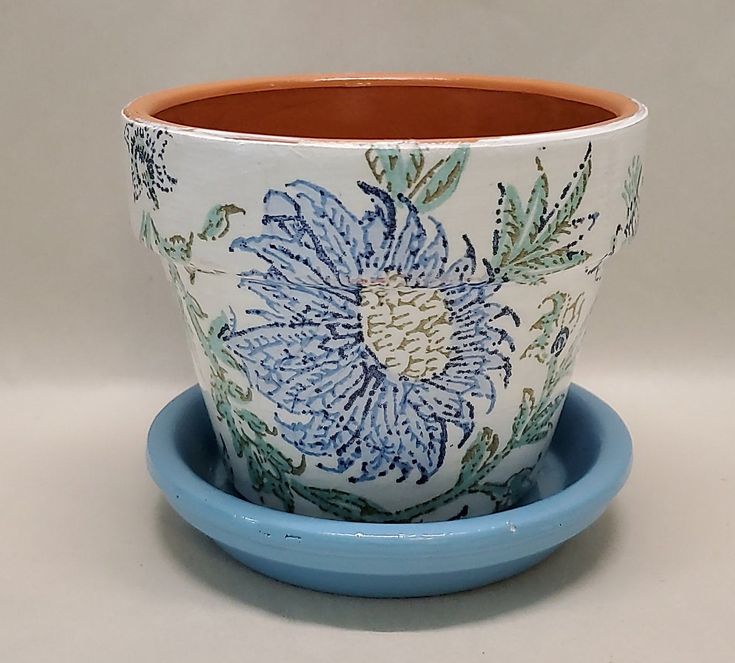 White /& Pink Magnolia Flowers Handmade Decoupage Terra Cotta Clay Pot 8.25