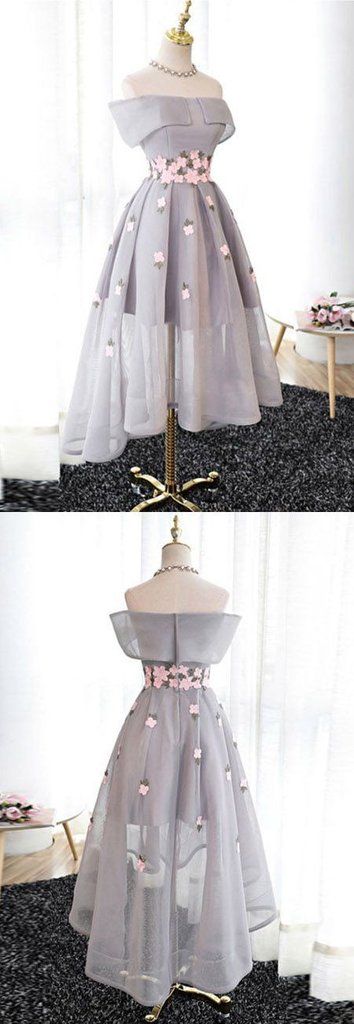 Best Sale Elegant A-Line Off-Shoulder High-Low Gray Organza Prom Dresses with Ap… Best Sale Elegant A-Line Off-Shoulder High-Low Gray Organza Prom Dresses with Ap…