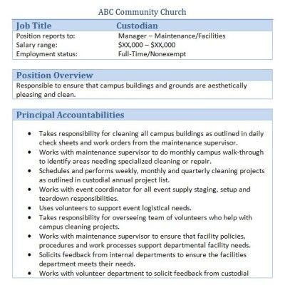 Church Custodian Job Description Work Pinterest Job