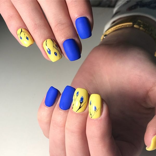 Yellow And Blue Manicure With Matte Finish Yellow Nails Yellow Nail Art Yellow Nails Design
