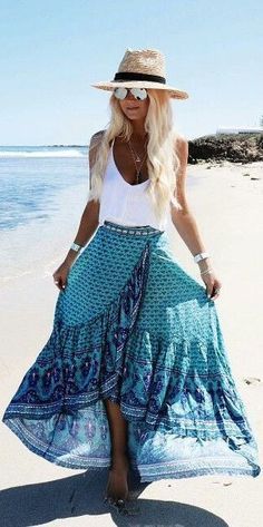 patterned wrap maxi skirt camisole and panama hat for a beautiful summer beach o…