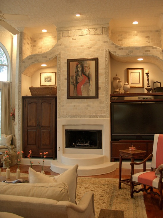 Asymmetrical Mediterranean Spaces Fireplace Decorating Design