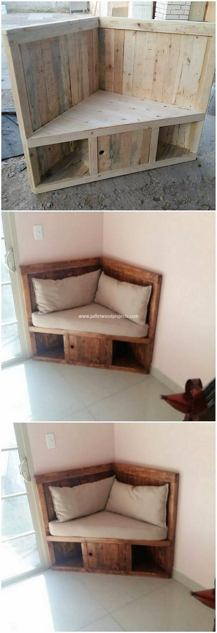 two pictures of the same couch made out of pallet wood and some pillows on it