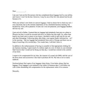 A sample scenario is constructed to illustrate poor airline luggage service in this complaint letter. Free to download and print
