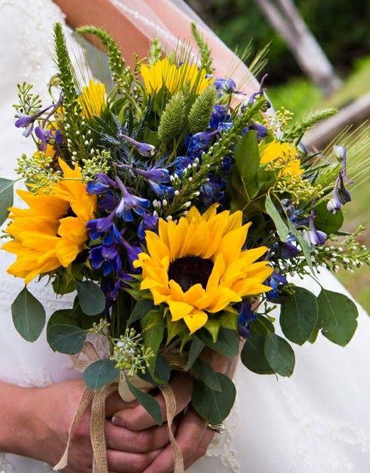 Rustic Hand Tied Wedding Bouquet Which Includes White Veronica Yellow Sunflowers Blue Delphinium Rustic Hand Tied Wedding Bouquet Which Includes White Veronica Yellow Sunflowers Blue Delphinium