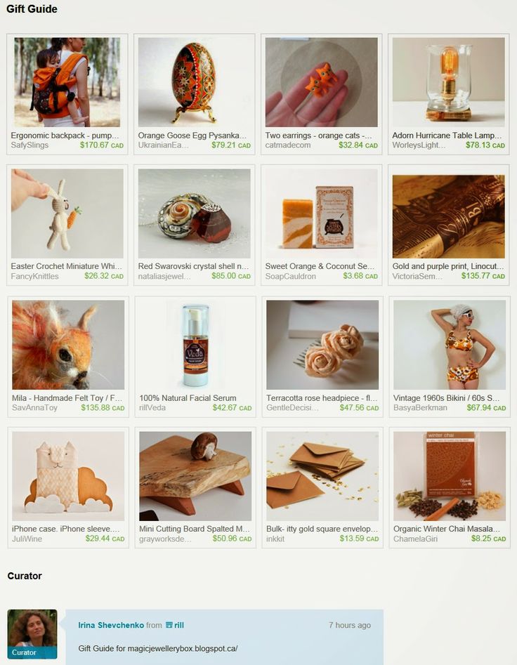 The curator of this fabulous Gift Guide is Irina Shevchenko . Find this Pin and more on Etsy Coupon Codes ... The curator of this fabulous Gift Guide is Irina Shevchenko . Find this Pin and more on Etsy Coupon Codes ...