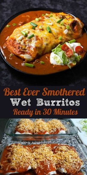 These beef and bean wet burritos are smothered with red sauce and melted cheese....