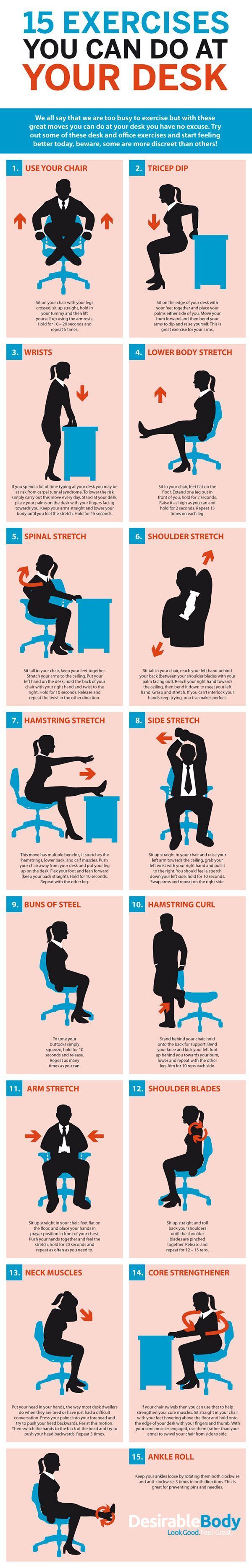 This Graphic Shows Bunch of Desk-Based Exercises for the Office | Desk ...