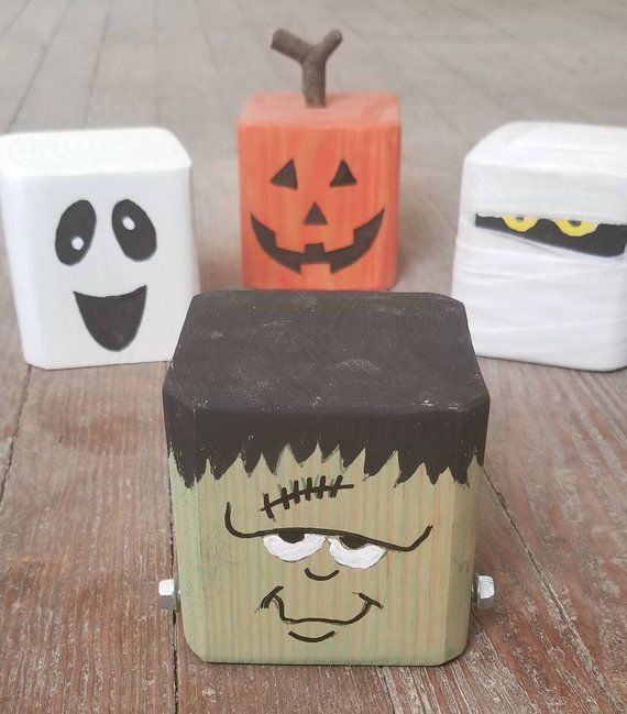 Halloween Decoration Reclaimed Wood Frankenstein, Mummy, Jack-o-lantern, Ghost Block Spooky Friends