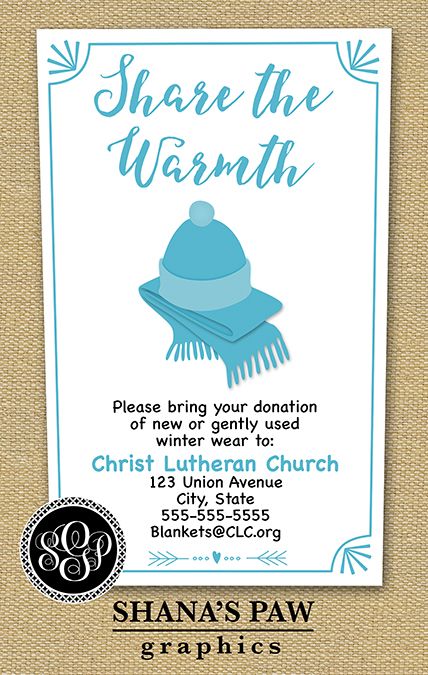 Use this colorful ShanasPaw.com Winter Clothing Drive flyer design to publicize your winter clothing drive. We will personalize this printable template with your program title and information and your choice of colors.